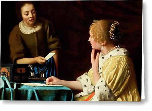 Mistress and Maid by Johannes Vermeer - Greeting Card