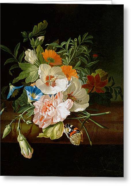 Posy of Flowers, with a Red Admiral Butterfly, on a Marble Ledge Rachel Ruysch - Greeting Card