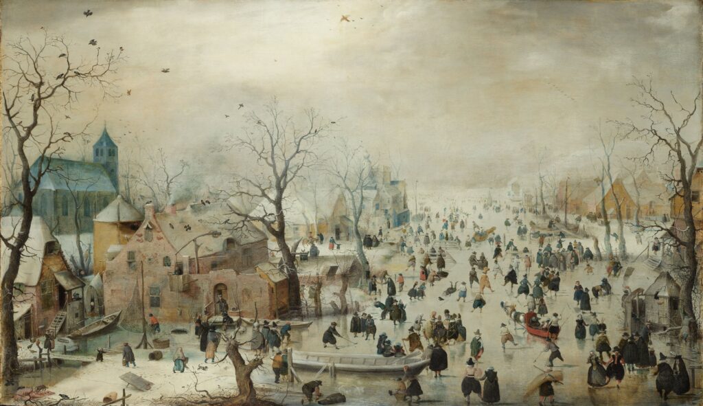 HENDRICK AVERCAMP "Winter Landscape with Skaters" shows people playing winter games