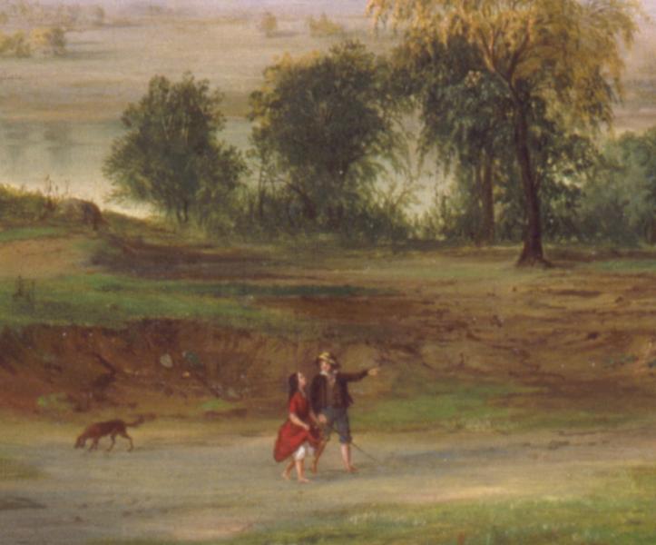Couple strolling through the grass Landscape with a Rainbow