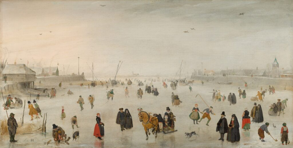 HENDRICK AVERCAMP "A Scene on the Ice" shows people playing winter games