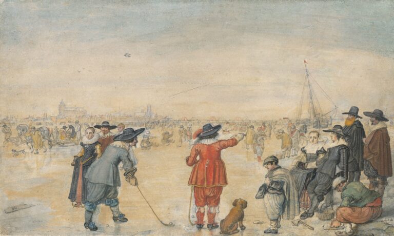HENDRICK AVERCAMP "Winter Games on the Frozen River Ijssel" shows people playing winter games