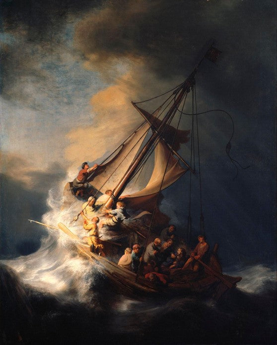 A group of men battle the tumultuous water in a storm as Jesus calmly looks toward a clearing in the sky.