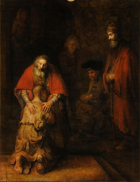A father with a complex facial expression embraces his son in rags, while four other men watch quietly.