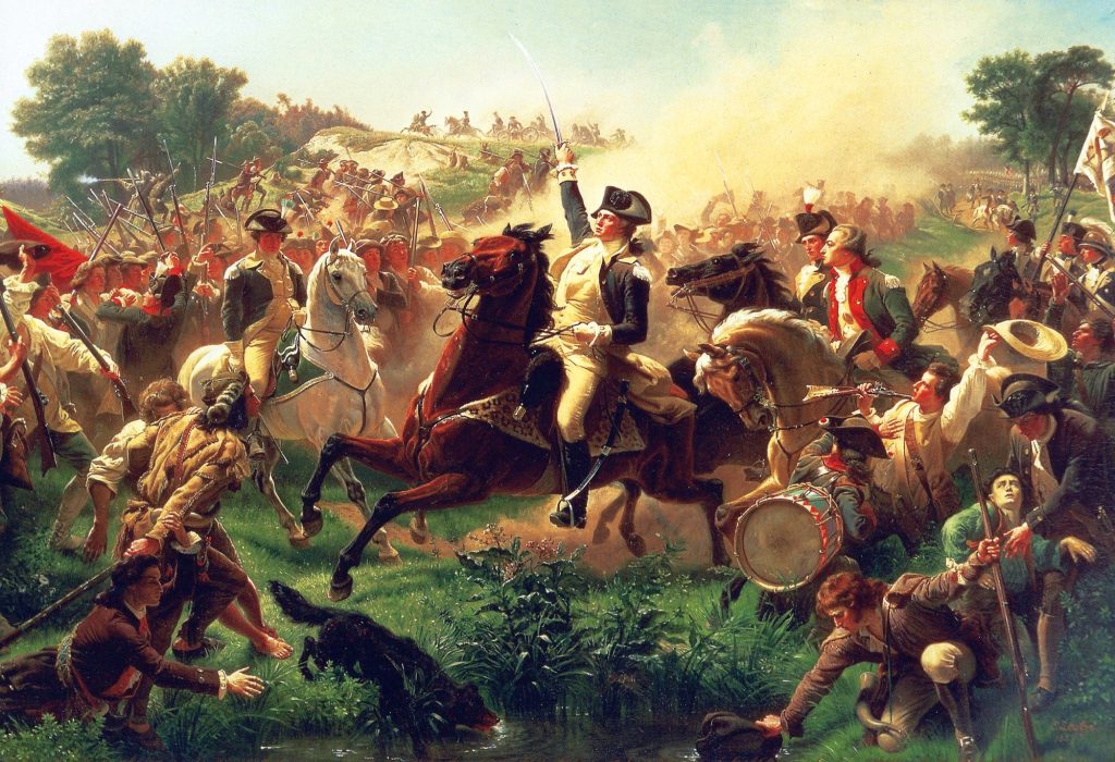 A painting of George Washington on horseback leading troops in battle.