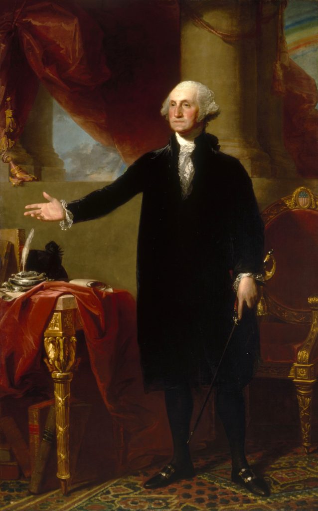 A famous painting of George Washington standing with his arm outstretched.