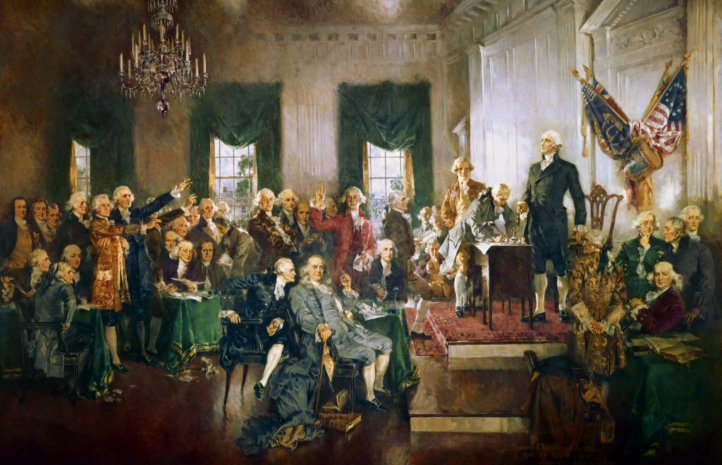 A painting of the Constitutional Convention inside Independence Hall.