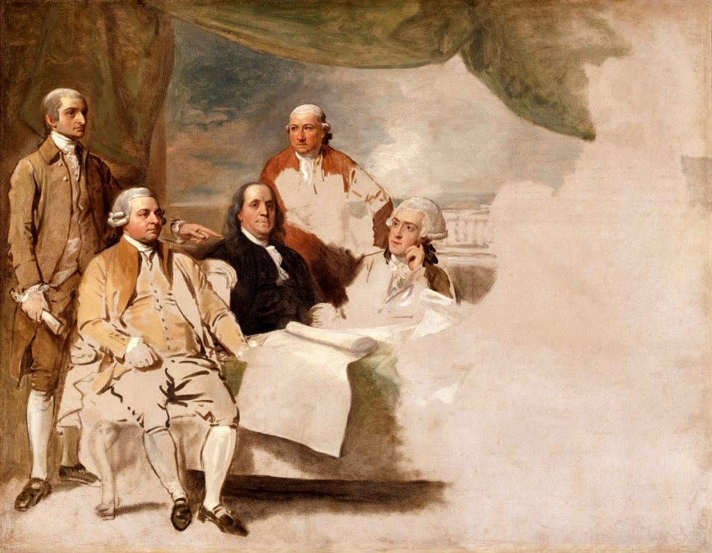 An unfinished painting showing American diplomats participating in peace negotiations with Great Britain.